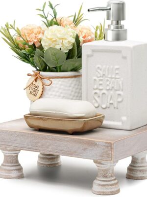 EOSAHR Farmhouse Riser for Room Decor : Decorative Pedestal Stand For Display Your Home Decorations and Uniquely Soap Stand - Rustic Bathroom Counter Tray and Kitchen Decor (Natural Wood)